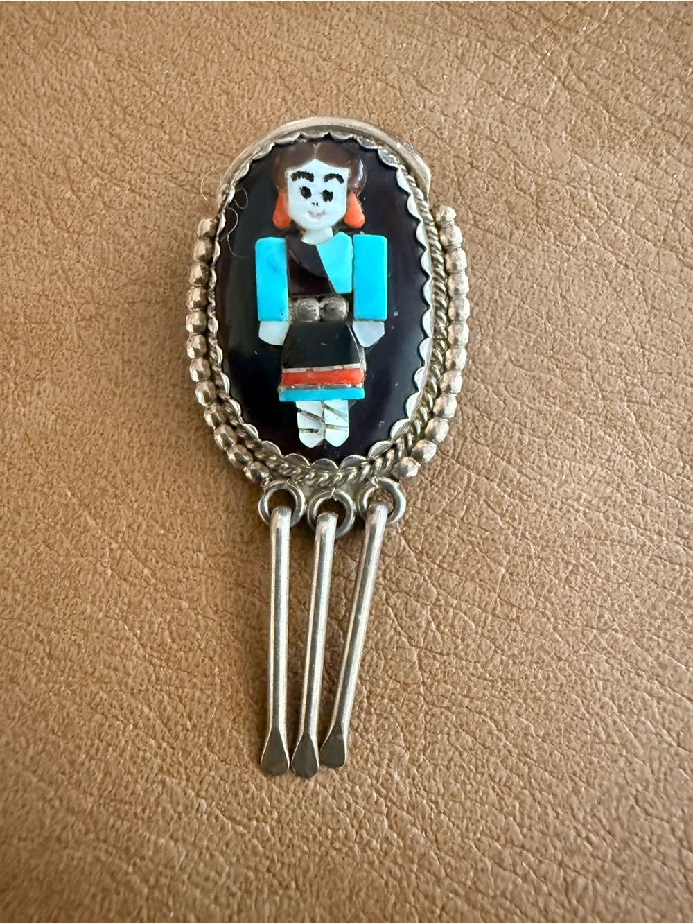 Vintage Zuni Inlay Maiden Brooch Pendant Sterling Silver J.A.C. Signed